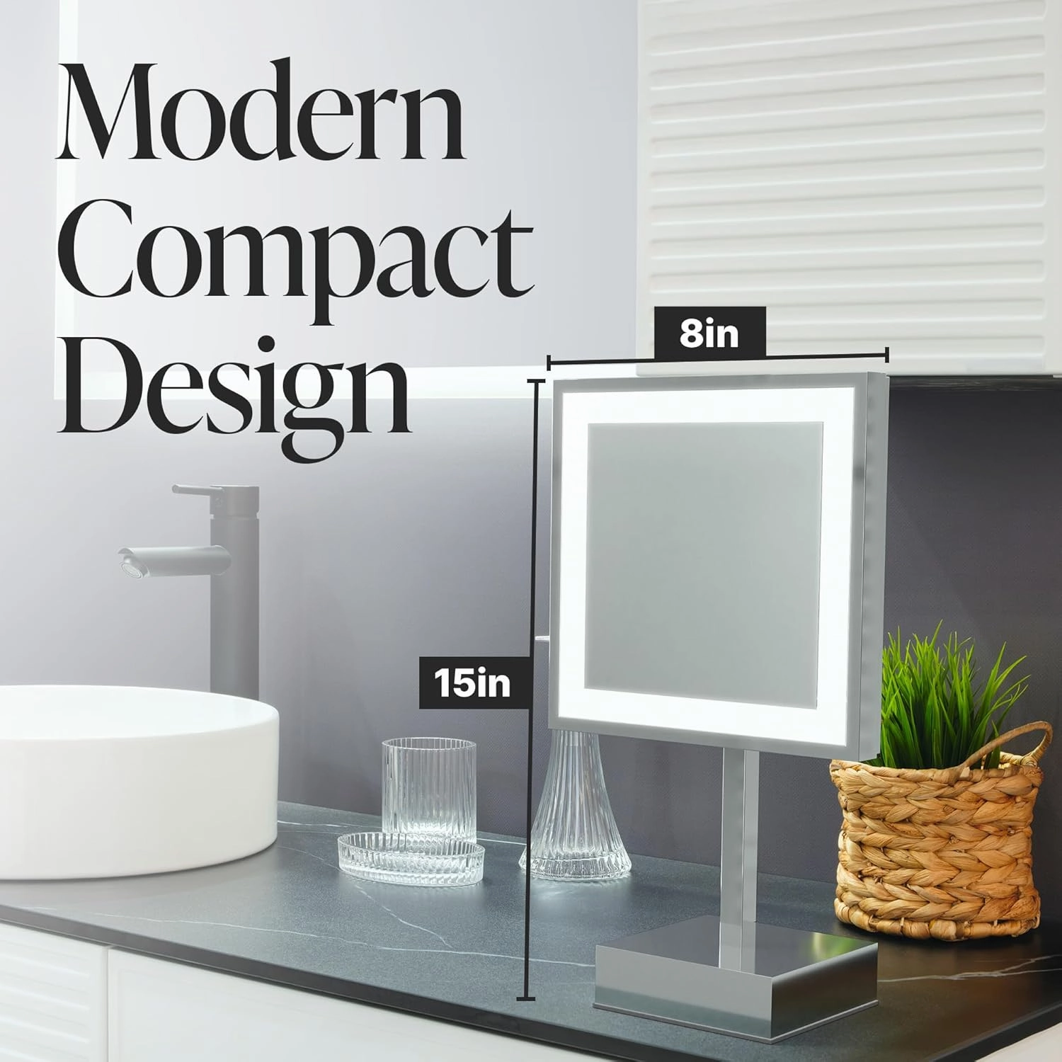 8" LED Square Mirror - 3X Magnification | Free Standing, Rechargeable - Cool Light | Makeup Mirror for Vanity, Bedroom, Bathroom | Illuminated & Portable LED Vanity Mirror (Chrome)