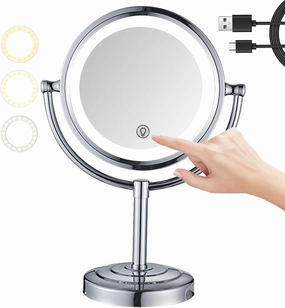 8" Tabletop Rotation Standing 2 Side Magnification Makeup Mirror, USB Screen Touch 3-Color Dimming LED Shaving Mirror, Countertop Chrome Thickened HD Lighted Cosmetic Mirror,5X