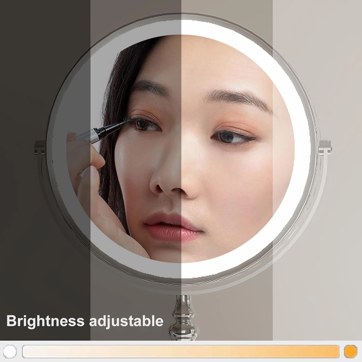 8" Tabletop Rotation Standing 2 Side Magnification Makeup Mirror, USB Screen Touch 3-Color Dimming LED Shaving Mirror, Countertop Chrome Thickened HD Lighted Cosmetic Mirror,5X