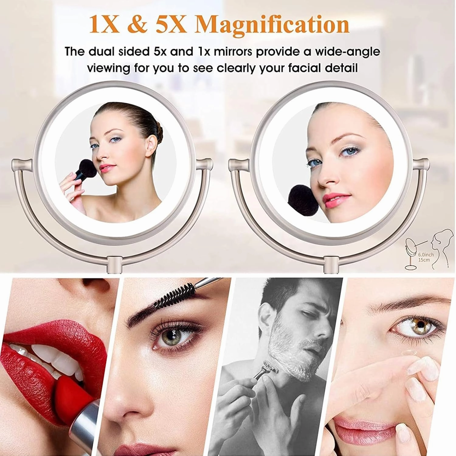 8" Tabletop Rotation Standing 2 Side Magnification Makeup Mirror, USB Screen Touch 3-Color Dimming LED Shaving Mirror, Countertop Chrome Thickened HD Lighted Cosmetic Mirror,5X