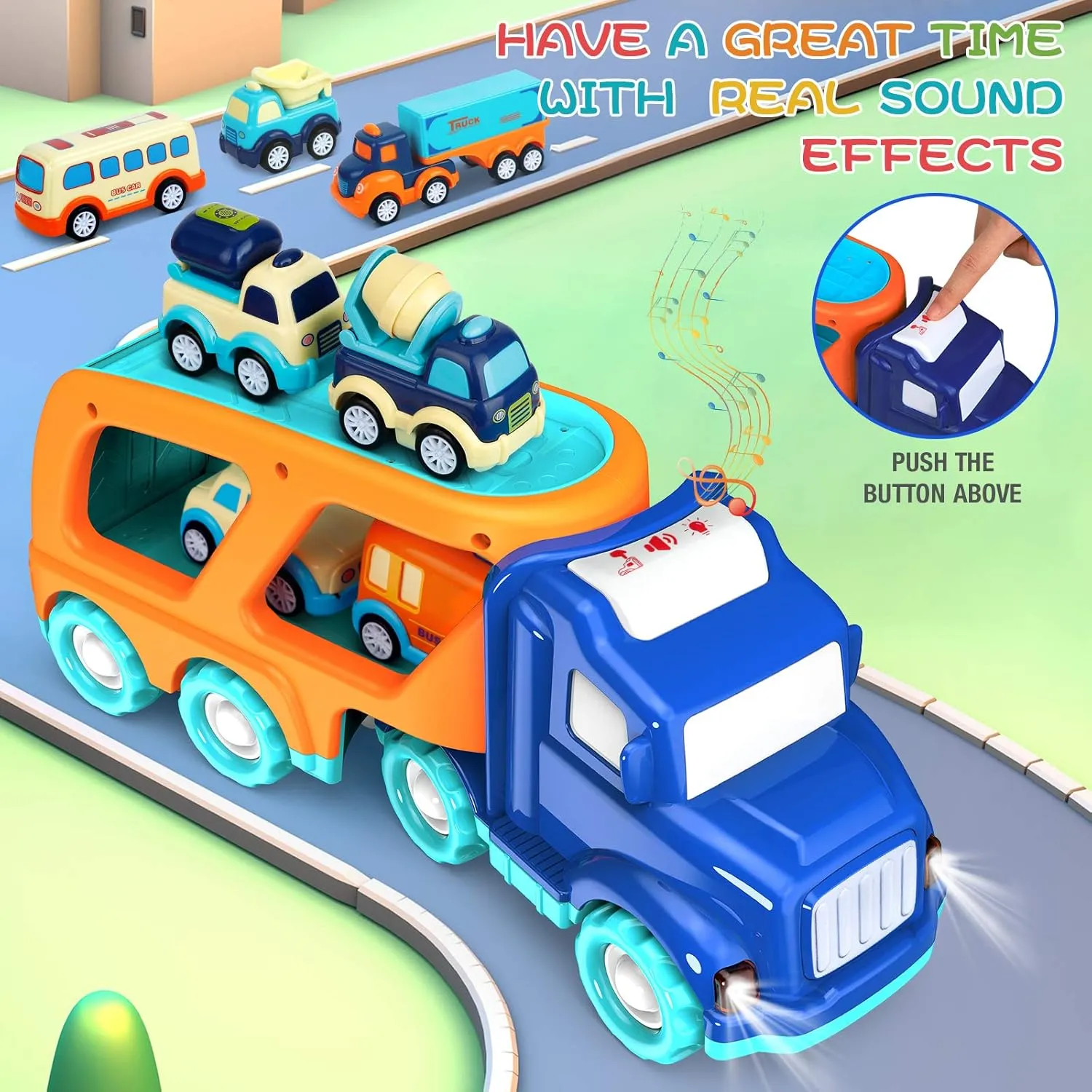 9 Pack Cars Toys for 2 3 4 5 Years Old Toddlers Boys & Girls Gift, Big Transport Truck with 8 Small Cute Pull Back Trucks, Carrier Truck with Sound & Light 13.5 * 5.5 inch, 2.5 *1.6 inch