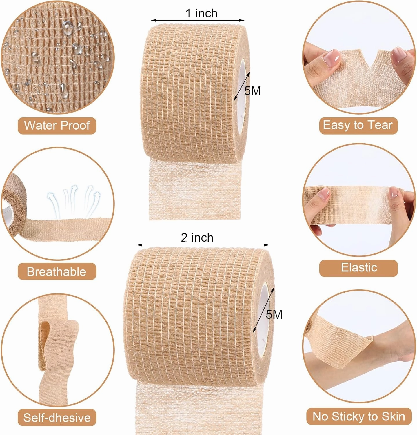 96 Pcs Self Adhesive Wrap Bandages Bulk Breathable Athletic Tape Elastic Cohesive Bandage Adhesive Wrap Roll for Stretch Athletic Sports Wrist Ankle, 1 Inch x 5 Yard, 2 Inch x 5 Yard (Nude)