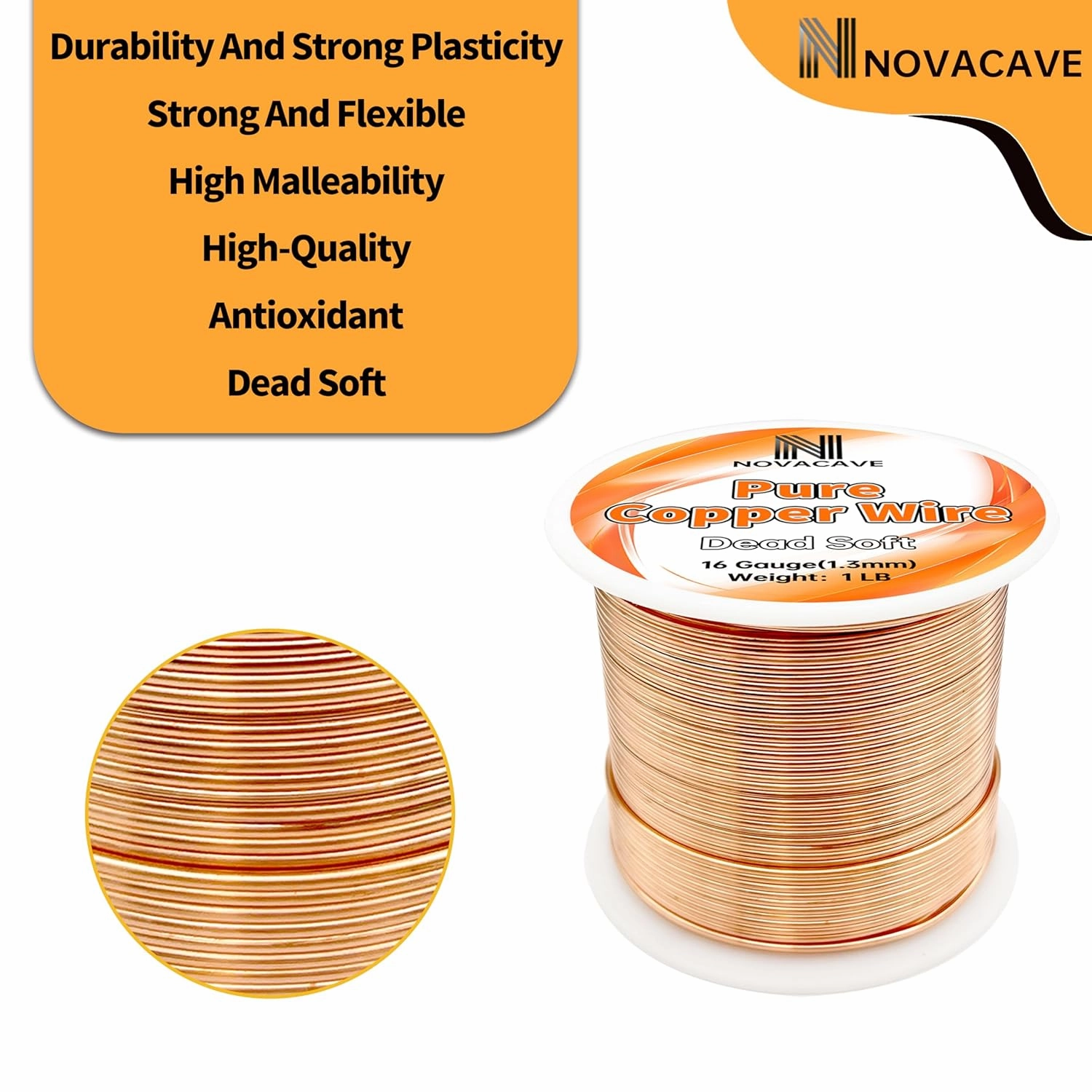 99.9% Pure Copper Wire for Electroculture Gardening, 16 Gauge Bare Copper Wire for Jewelry Making, Dead Soft, 1 LB Spool 100Ft