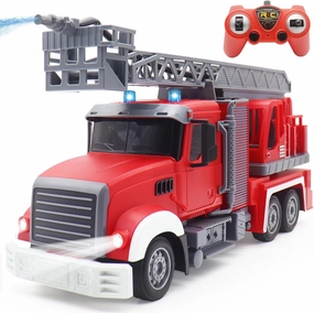 9 CH Remote Control Fire Truck, Rc Fire Truck Toy, Fire Truck with Lights Working Water Pump and Rotating Rescue Ladder, 2.4G Firetruck Toy for Kids Boys Age 4-8 Gift