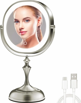 9" Large Lighted Makeup Mirror, 3000mAh Rechargeable Double Sided Vanity Mirror with 3 Color Lights, 1X/10X Magnifying Desk Mirror with 360° Rotation & Touch Screen (Nickel, Oval)
