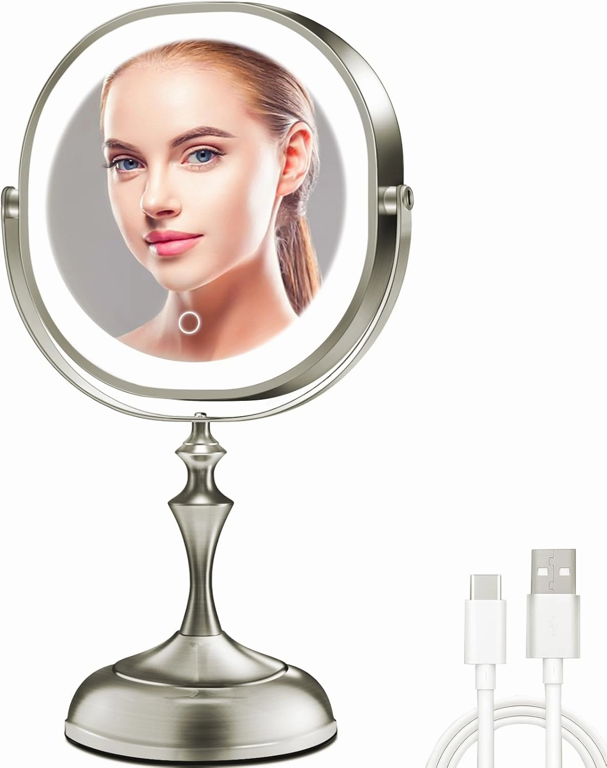 9" Large Lighted Makeup Mirror, 3000mAh Rechargeable Double Sided Vanity Mirror with 3 Color Lights, 1X/10X Magnifying Desk Mirror with 360° Rotation & Touch Screen (Nickel, Oval)
