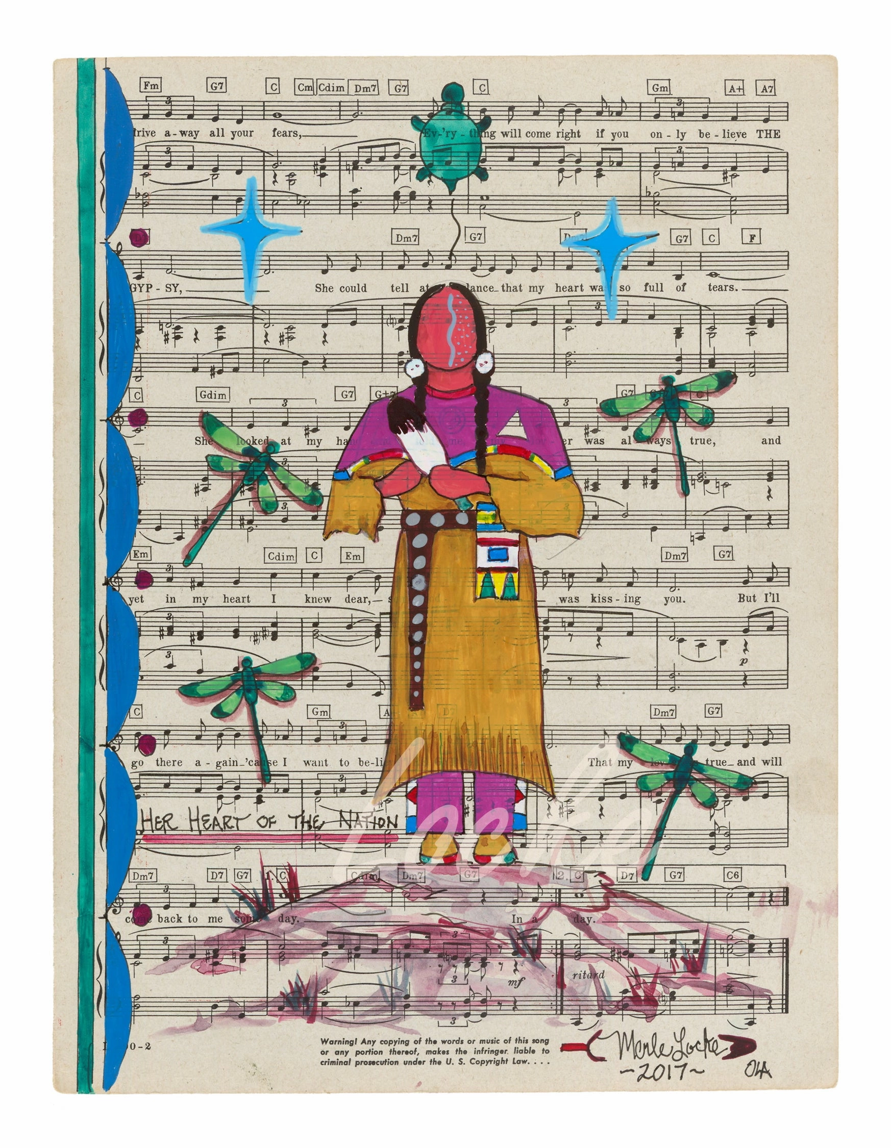 (Fine Art Print) Ledger Art on Antique Sheet Music ~ Her Heart of the Nation