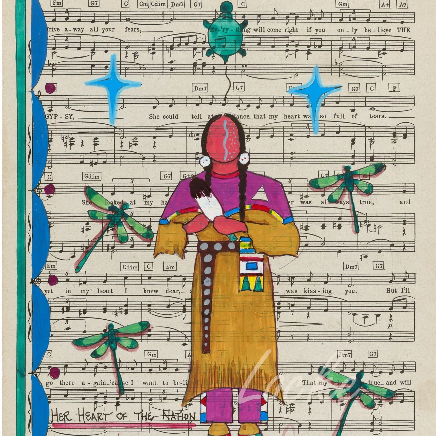 (Fine Art Print) Ledger Art on Antique Sheet Music ~ Her Heart of the Nation