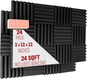 A2S 24 Pack 2-Inch Acoustic Panels w/Adhesive Stickers - Fireproof - SGS Certified - Sound Proof Foam Panels - Non Toxic - Top Quality - Ideal for Home & Studio Sound Deadening