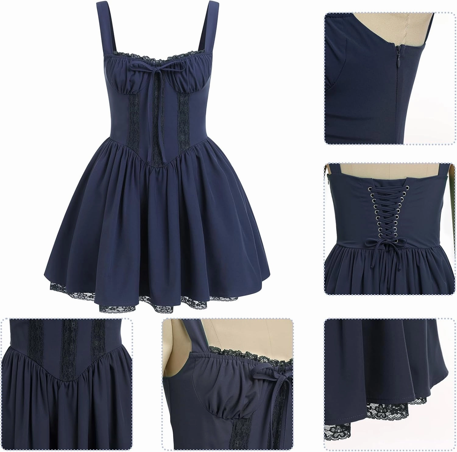 ABAFIP Women's Corset Mini Dress Spaghetti Straps Backless Lace up Low Cut Ruffle Short Dress Sundress