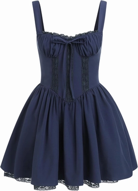 ABAFIP Women's Corset Mini Dress Spaghetti Straps Backless Lace up Low Cut Ruffle Short Dress Sundress