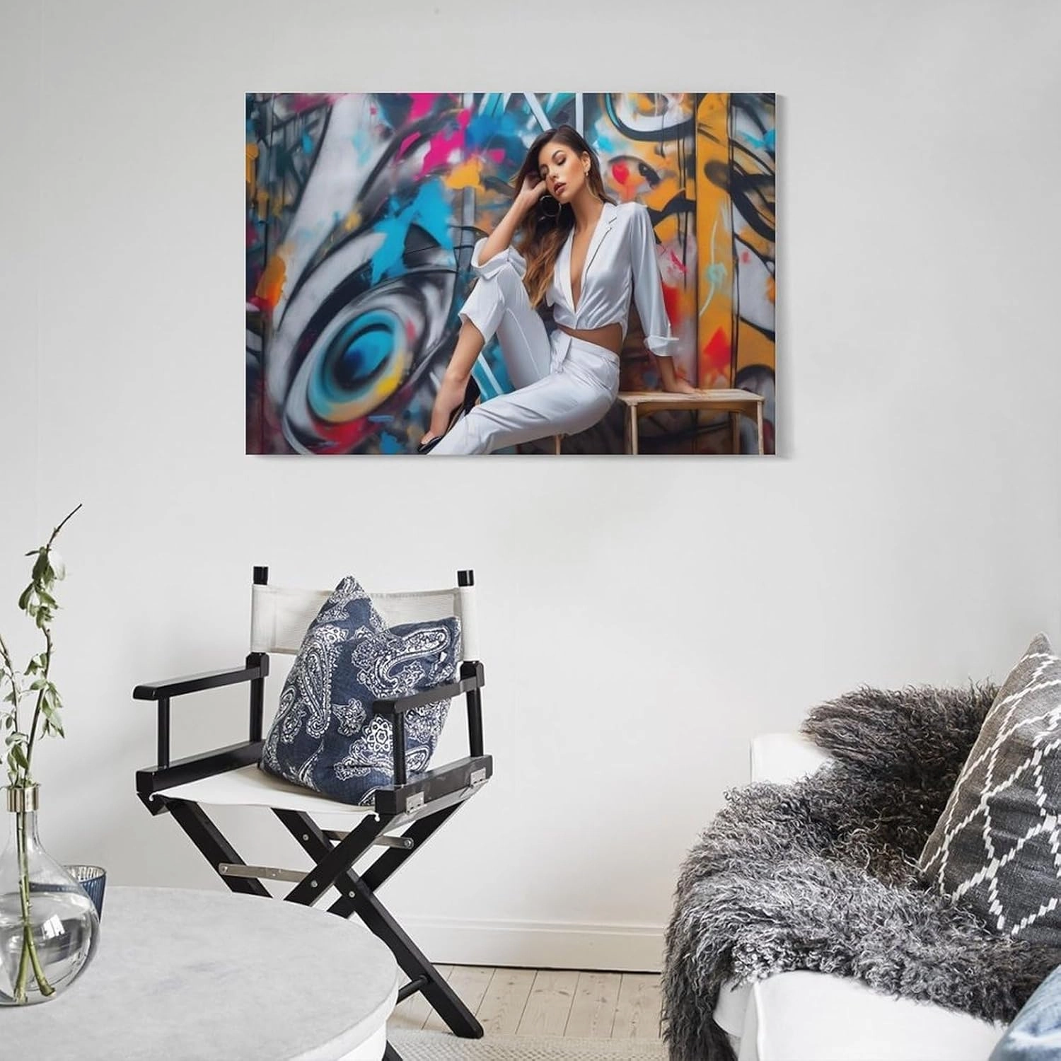 Abstract Graffiti Style Sexy White Woman Black High Heels Canvas Painting Posters And Prints Wall Art Pictures for Living Room Bedroom Decor 24x36inch(60x90cm) Frame-style