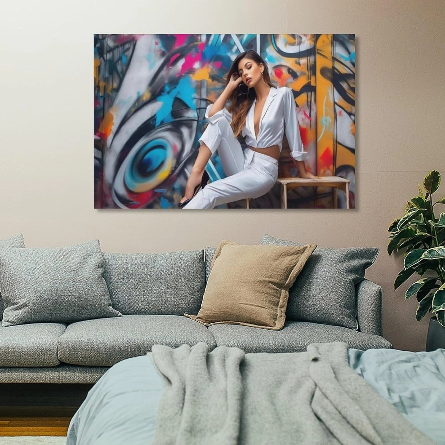 Abstract Graffiti Style Sexy White Woman Black High Heels Canvas Painting Posters And Prints Wall Art Pictures for Living Room Bedroom Decor 24x36inch(60x90cm) Frame-style