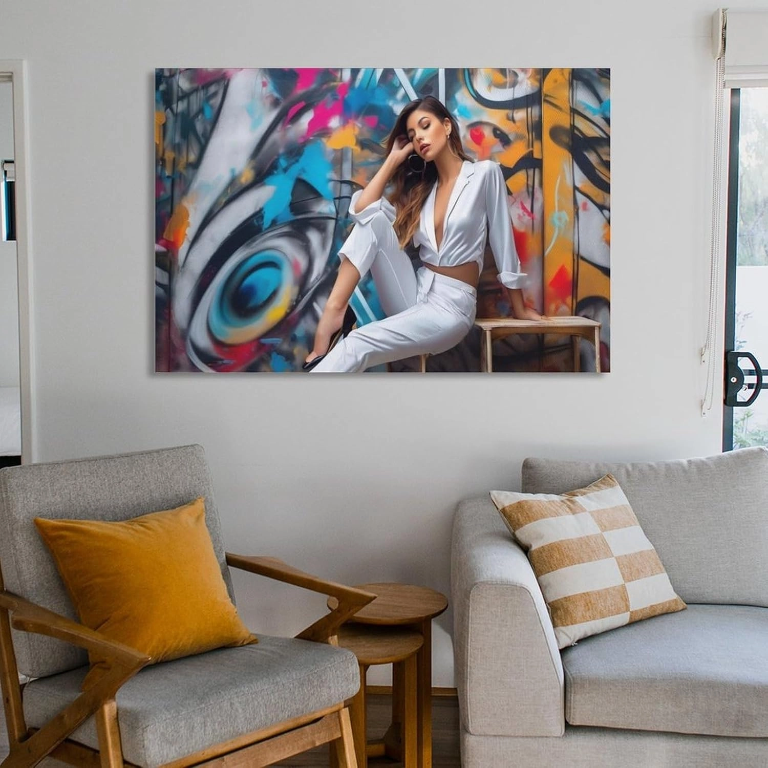 Abstract Graffiti Style Sexy White Woman Black High Heels Canvas Painting Posters And Prints Wall Art Pictures for Living Room Bedroom Decor 24x36inch(60x90cm) Frame-style