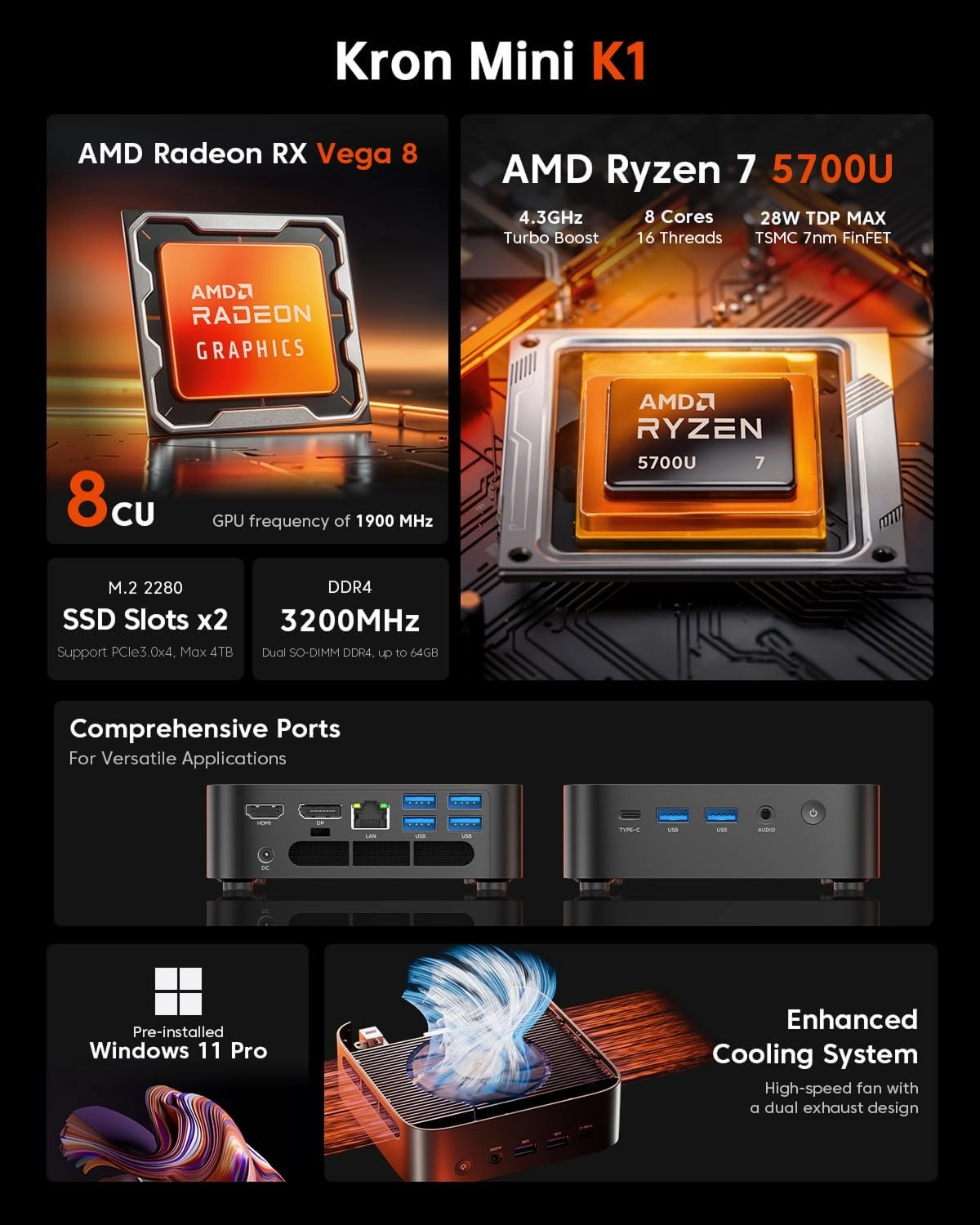 ACEMAGICIAN K1 Mini Gaming PC AMD Ryzen 7 5700U Mini PC 16GB DDR4 512GB SSD Mini Computers (8C/16T, up to 4.3Ghz), 4K Triple Display Mini Desktop Bluetooth/WiFi 6/Office
