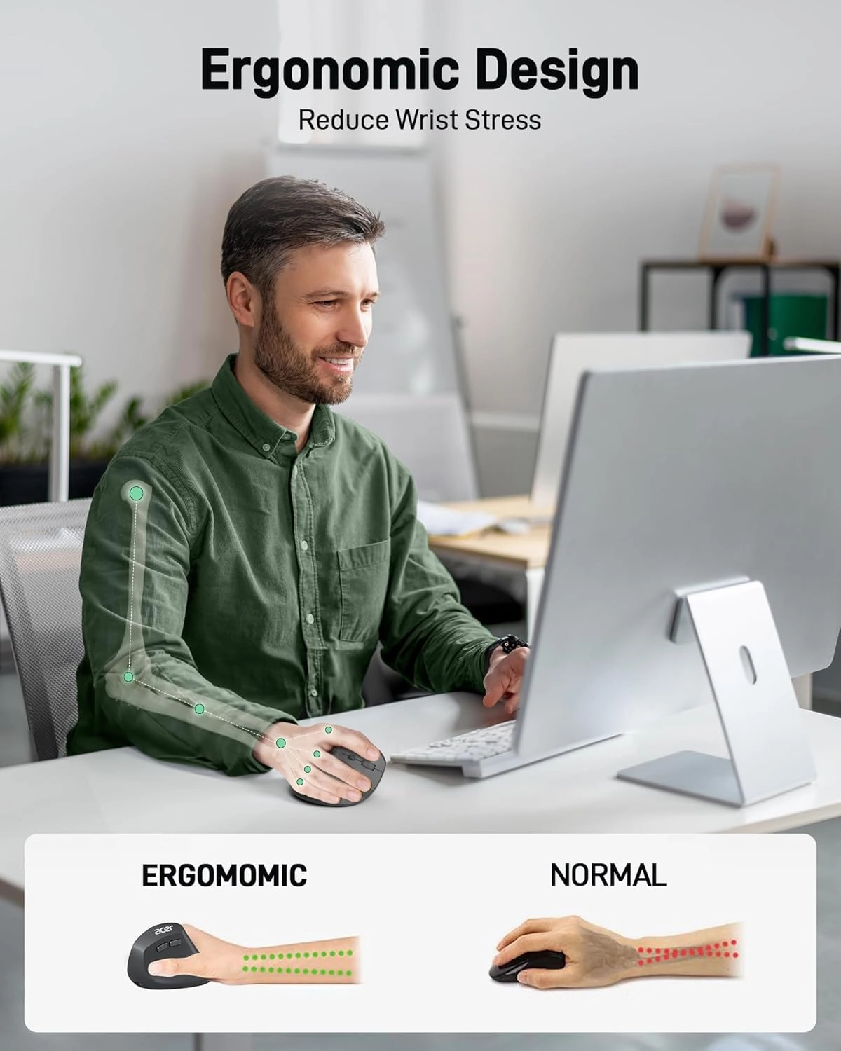 acer Ergonomic Mouse Wireless, 1000/1200/1600 Adjustable DPI Vertical Mouse with 6 Buttons, Rechargeable Ergo Mice with 2.4GHz USB Receiver for Computer, Laptop, PC, iMac and Desktop