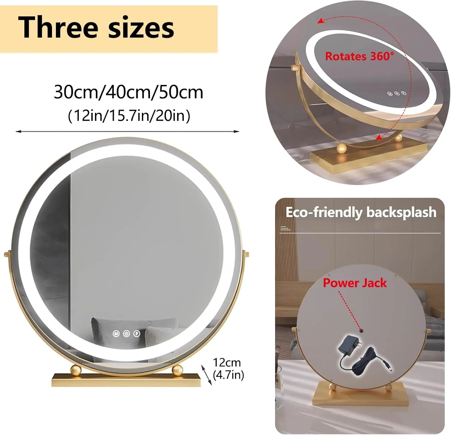 Adjustable Tri Tone LED Lighted Makeup Mirror, Smart Touch Sensitive Makeup Vanity Mirror, 360°Rotation Desktop Mirror, for Make-up, Shaving, Facial Care in The Living Room, Dimmable(30cm/12in)