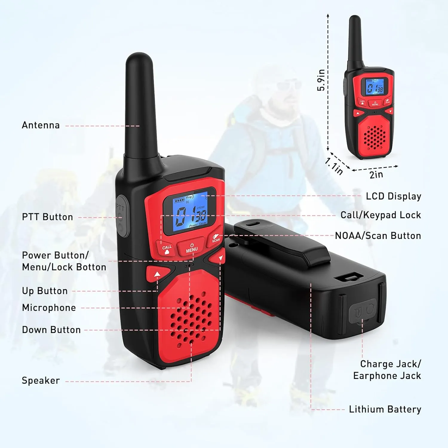 Adult Walkie Talkies Long Range Rechargeable Portable Two-Way Walkie Talkie, Camping Gear, SOS Sirens, NOAA Weather Alarms, Kid's Toys, Easy-to-Use Walkie Talkies,2 Packs(No Batteries)