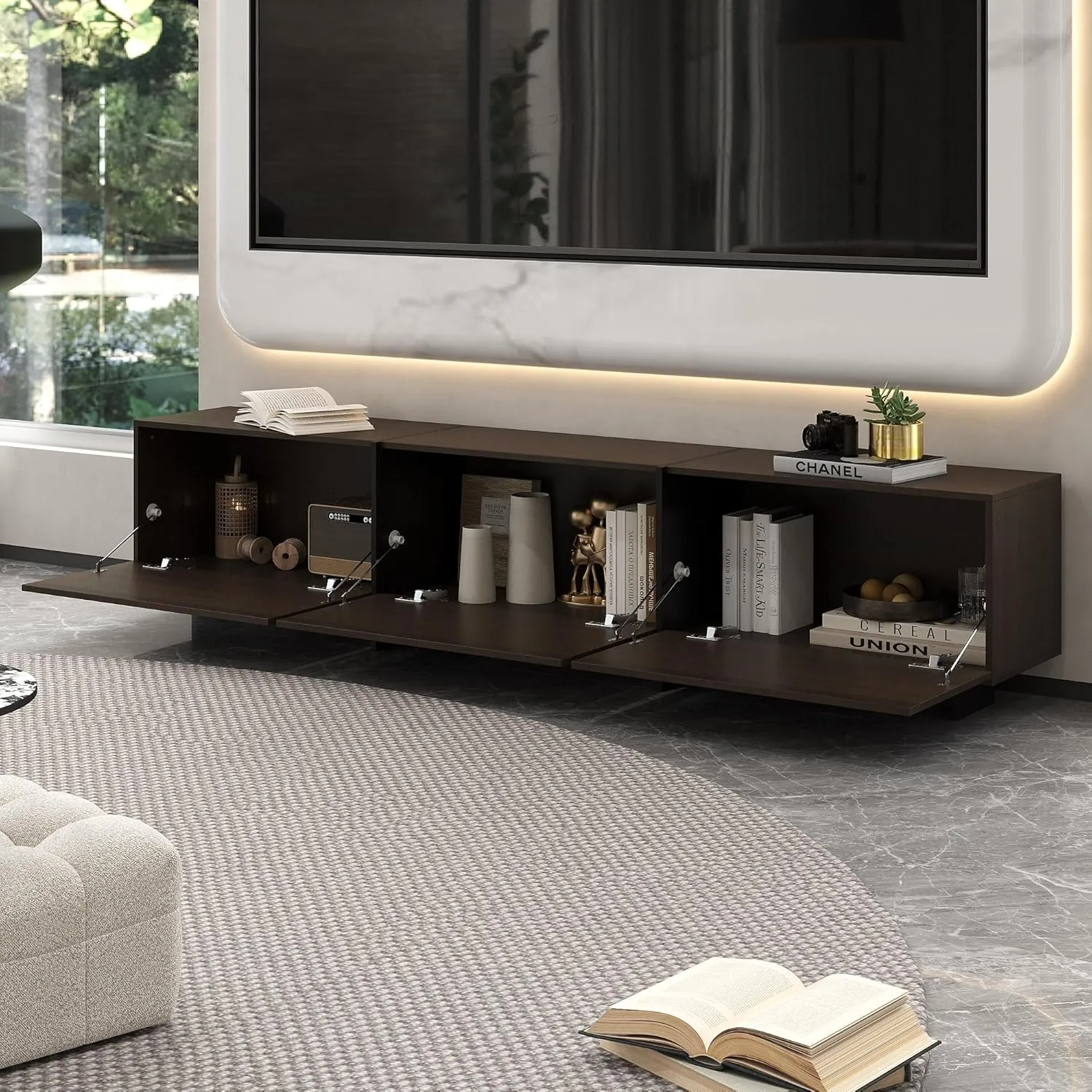 AIEGLE 71.7" W TV Stand with 3 Flip-Down Drawers, Modern Entertainment Center with Storage, Media Console Table TV Cabinet, Dark Brown