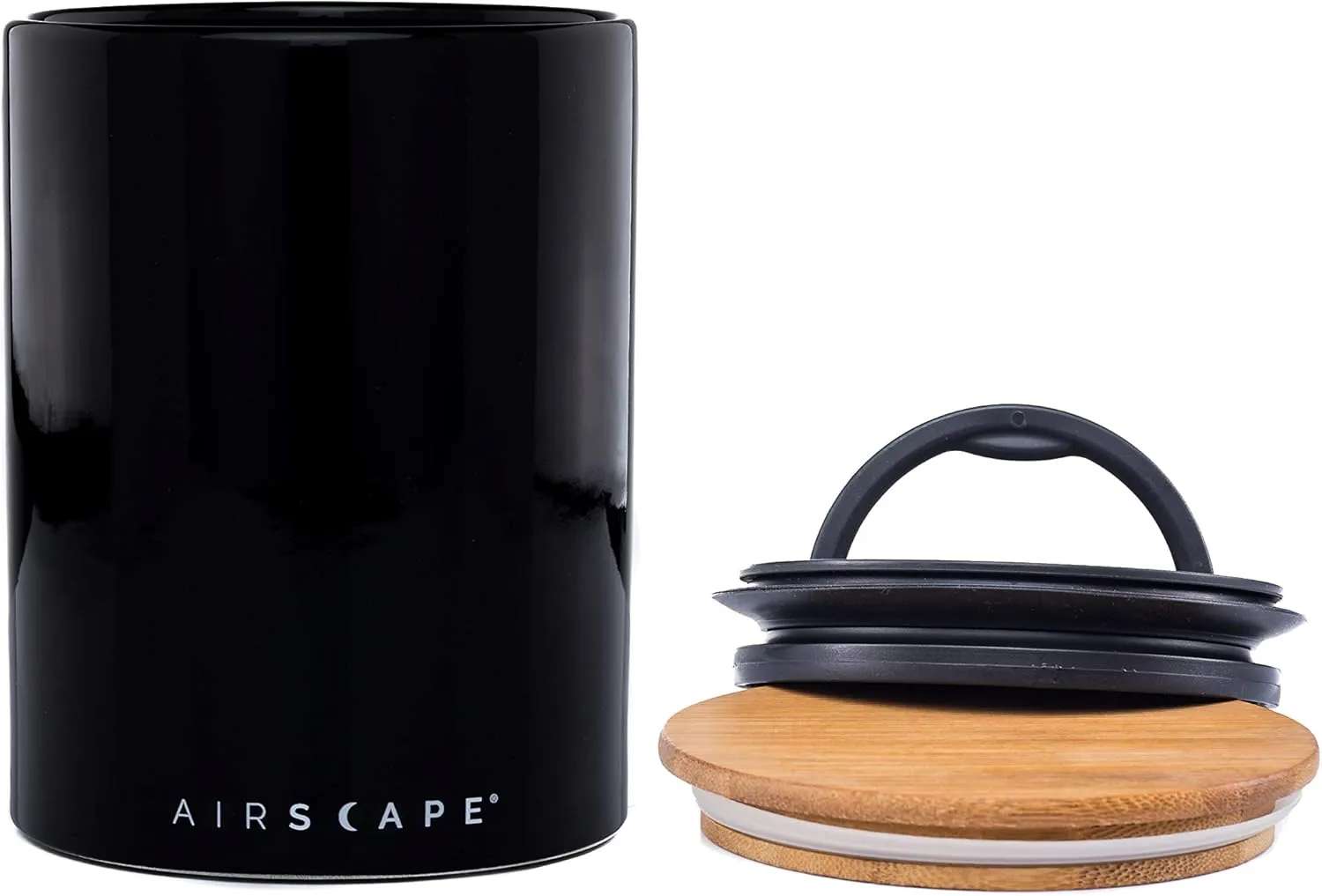 AirScape Planetary Design Ceramic Coffee and Food Storage Canister – Medium 7-inch – US Patented Airtight Inner Lid – Obsidian Black with Bamboo Top
