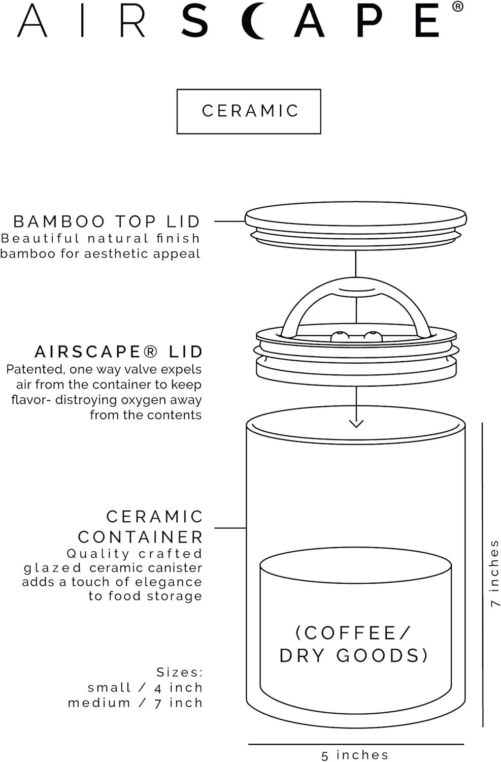 AirScape Planetary Design Ceramic Coffee and Food Storage Canister – Medium 7-inch – US Patented Airtight Inner Lid – Obsidian Black with Bamboo Top