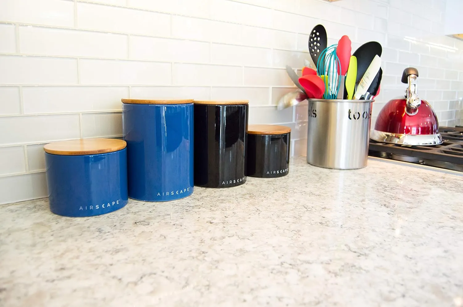 AirScape Planetary Design Ceramic Coffee and Food Storage Canister – Medium 7-inch – US Patented Airtight Inner Lid – Obsidian Black with Bamboo Top