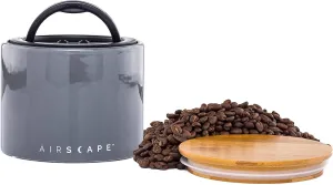 AirScape Planetary Design Ceramic Coffee and Food Storage Canister – Small 4-inch – US Patented Airtight Inner Lid – Gray with Bamboo Top