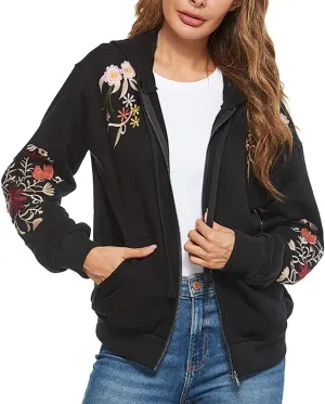 AK Women's Full Zip Long Sleeve Embroidered Sweatshirt Floral Boho Embroidered Mexican Hoodie Fall Winter Coat Tops Jackets