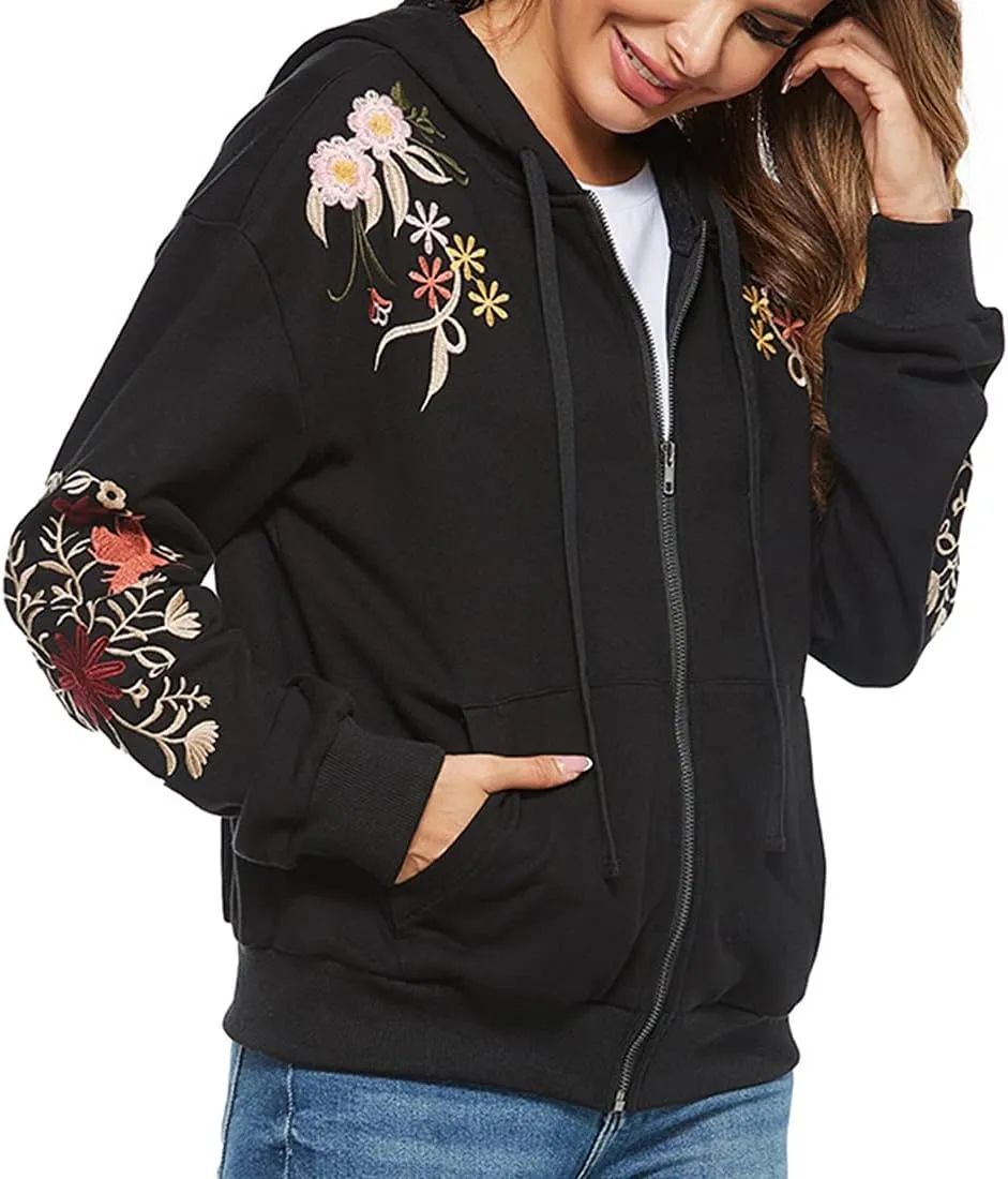 AK Women's Full Zip Long Sleeve Embroidered Sweatshirt Floral Boho Embroidered Mexican Hoodie Fall Winter Coat Tops Jackets
