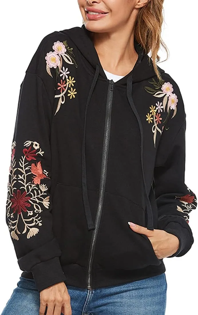 AK Women's Full Zip Long Sleeve Embroidered Sweatshirt Floral Boho Embroidered Mexican Hoodie Fall Winter Coat Tops Jackets