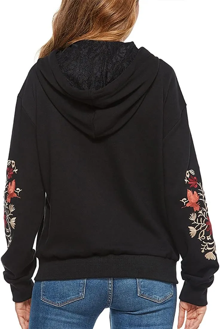 AK Women's Full Zip Long Sleeve Embroidered Sweatshirt Floral Boho Embroidered Mexican Hoodie Fall Winter Coat Tops Jackets