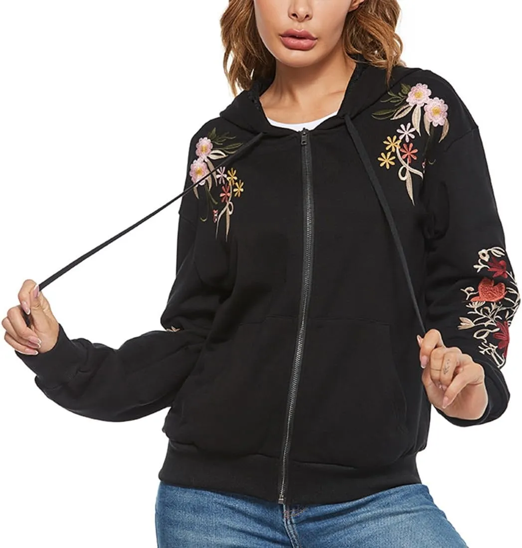 AK Women's Full Zip Long Sleeve Embroidered Sweatshirt Floral Boho Embroidered Mexican Hoodie Fall Winter Coat Tops Jackets