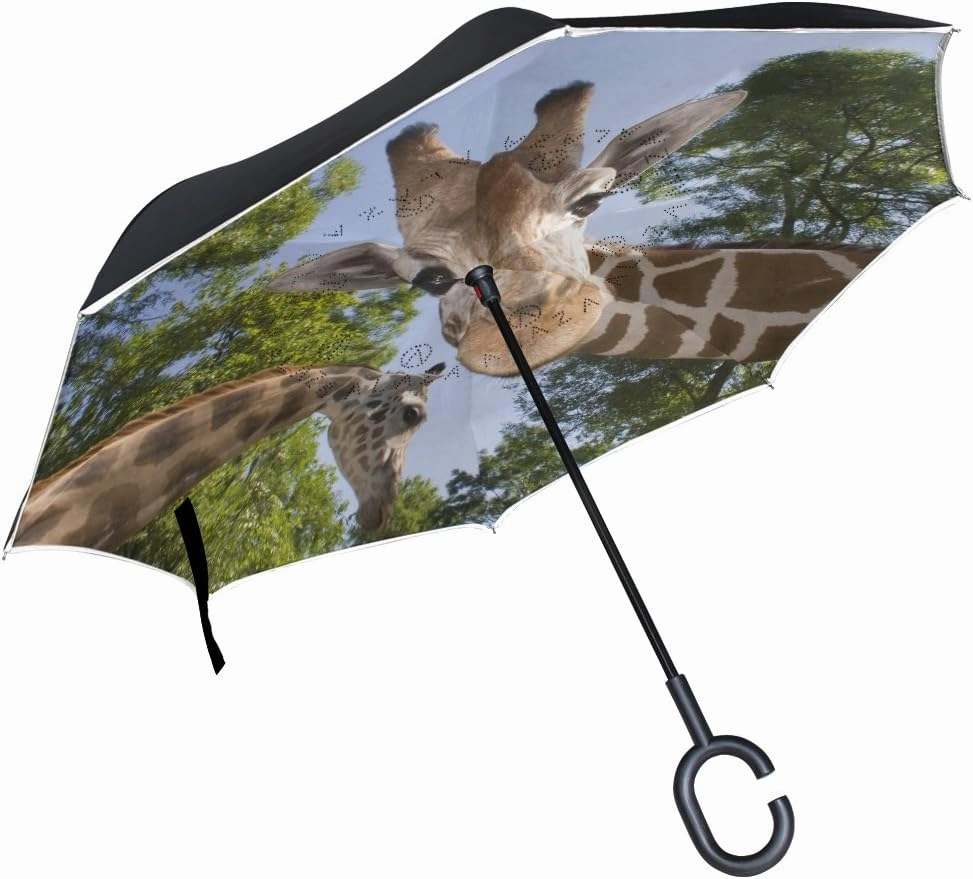 ALAZA Stylish Cute Funny Giraffe Windproof UV Proof Reverse Folding Umbrella, Double Layer Travel Inverted Umbrella with C Shape Handle for Car Use