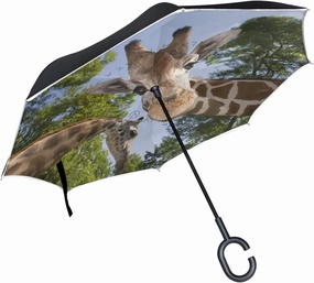ALAZA Stylish Cute Funny Giraffe Windproof UV Proof Reverse Folding Umbrella, Double Layer Travel Inverted Umbrella with C Shape Handle for Car Use