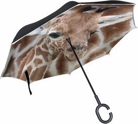 ALAZA Stylish Cute Giraffe Windproof UV Proof Reverse Folding Umbrella, Double Layer Travel Inverted Umbrella with C Shape Handle for Car Use