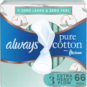 Always Pure Cotton Feminine Pads for Women, FlexFoam Pads with Wings, Size 3, Extra Heavy Flow Absorbency, Made with a Premium Cotton Top Layer, 22 Count x 3 Packs (66 Count Total)(Packaging May Vary)