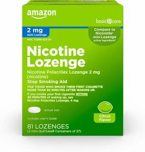 Amazon Basic Care Mini Nicotine Polacrilex Lozenge, 2 mg, Citrus Flavor Stop Smoking Aid, 81 Count
