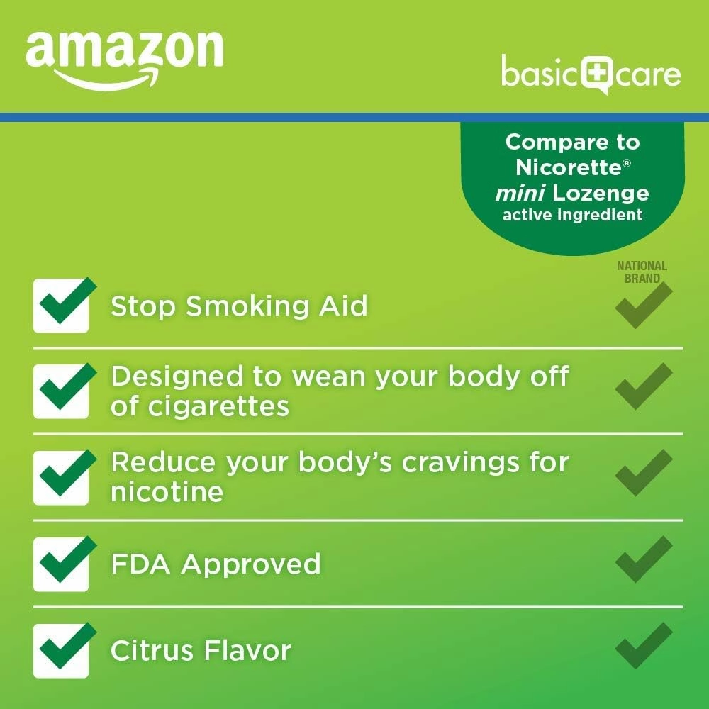 Amazon Basic Care Mini Nicotine Polacrilex Lozenge, 2 mg, Citrus Flavor Stop Smoking Aid, 81 Count
