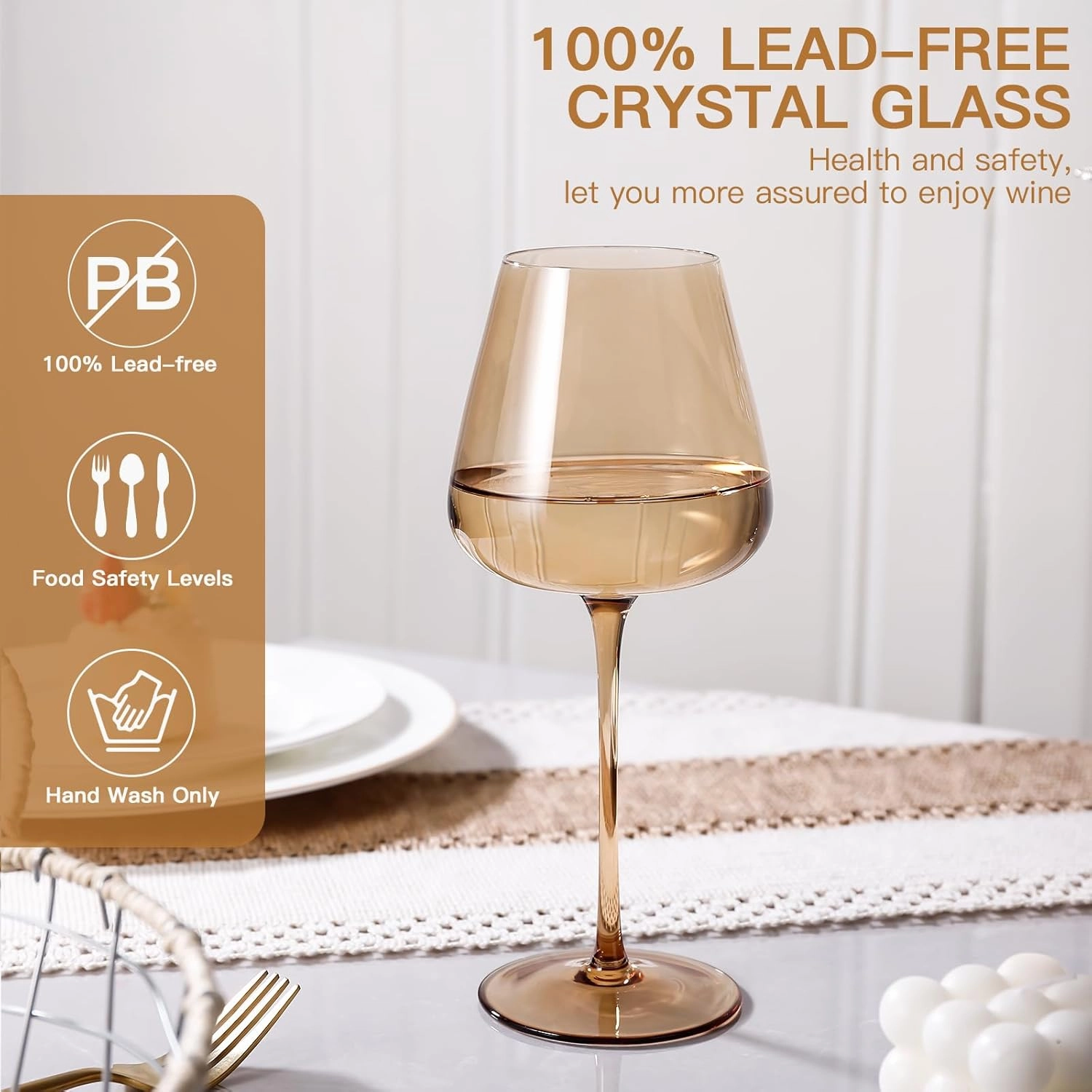 Amber Wine Glasses Set of 6, Hand Blown Large Colored Wine Glass 18Oz, Lead-Free Premium Crystal Long Stem Brown Wine Glass, Daily Use, Wedding Anniversary or Christmas Gift, Amber