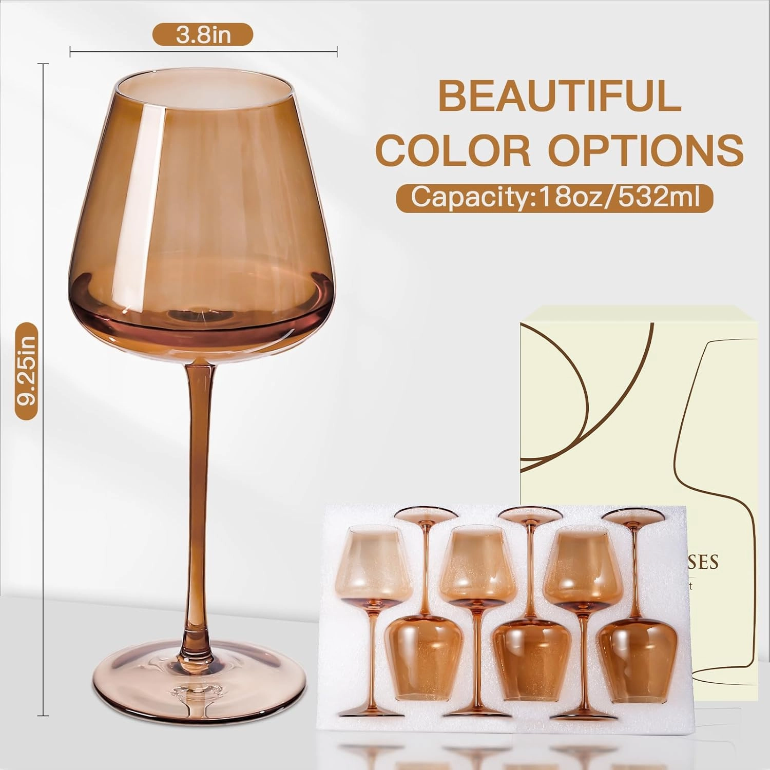 Amber Wine Glasses Set of 6, Hand Blown Large Colored Wine Glass 18Oz, Lead-Free Premium Crystal Long Stem Brown Wine Glass, Daily Use, Wedding Anniversary or Christmas Gift, Amber