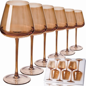 Amber Wine Glasses Set of 6, Hand Blown Large Colored Wine Glass 18Oz, Lead-Free Premium Crystal Long Stem Brown Wine Glass, Daily Use, Wedding Anniversary or Christmas Gift, Amber