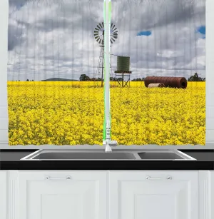 Ambesonne Windmill Kitchen Curtains, Canola Meadow Stormy Day Victorian Goldfields Agricultural Farmland, Window Drapes 2 Panel Set for Kitchen Cafe Decor, 55" x 39", Yellow Grey and White