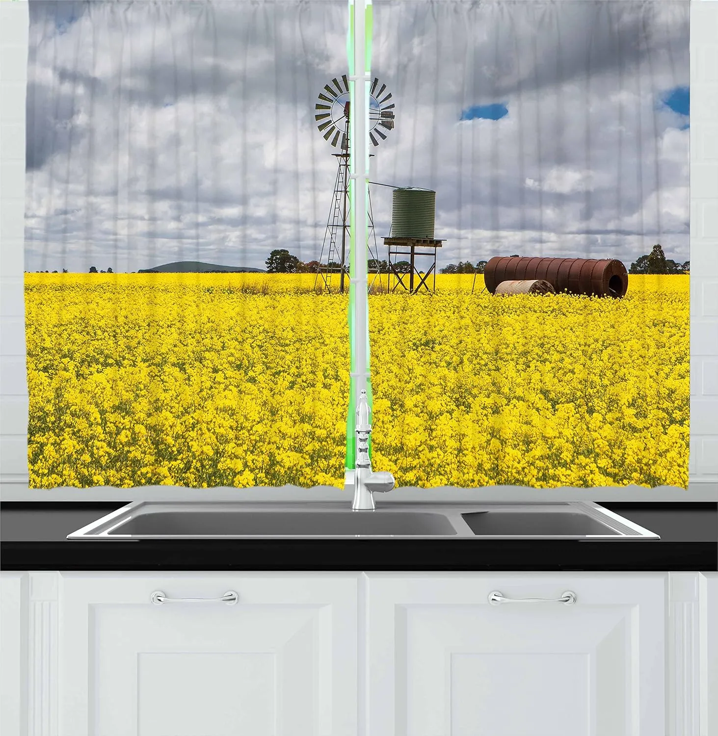 Ambesonne Windmill Kitchen Curtains, Canola Meadow Stormy Day Victorian Goldfields Agricultural Farmland, Window Drapes 2 Panel Set for Kitchen Cafe Decor, 55" x 39", Yellow Grey and White