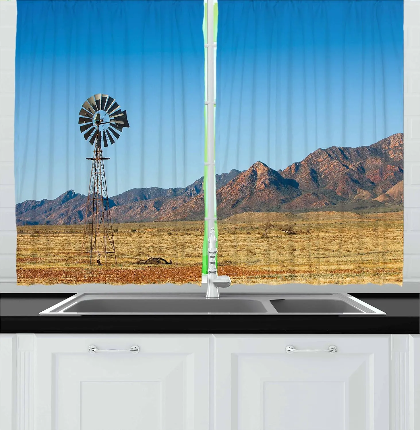 Ambesonne Windmill Kitchen Curtains, Flinders Ranges South Australia Mountains Barren Land Summer, Window Drapes 2 Panel Set for Kitchen Cafe Decor, 55" x 39", Earth Yellow and Pale Blue