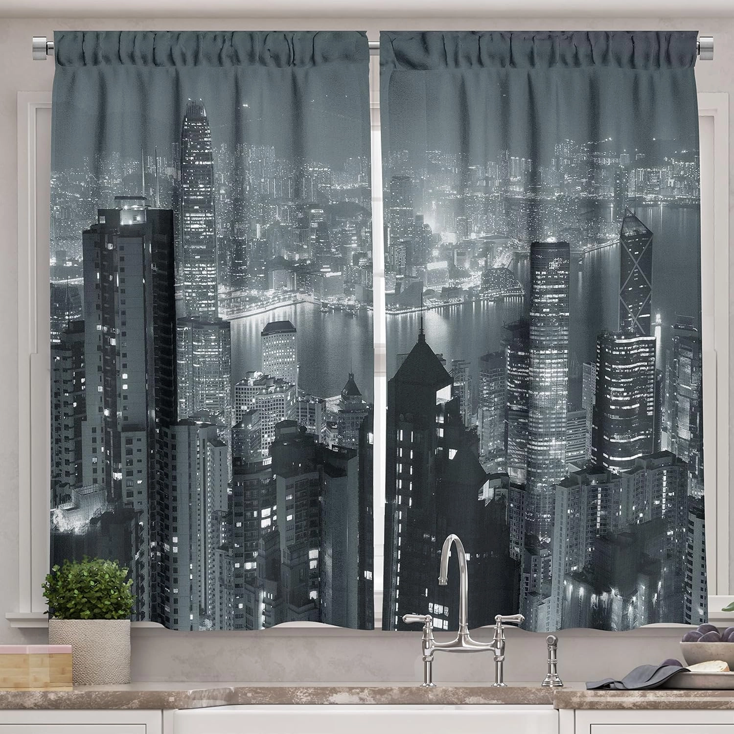 Ambesonne City Kitchen Curtains, Aerial Night of View Hong Kong Skyline Famous Modern Urban Town Metropolis Panorama Image, Window Drapes 2 Panel Set for Kitchen Cafe Decor, 55" x 39", Grey