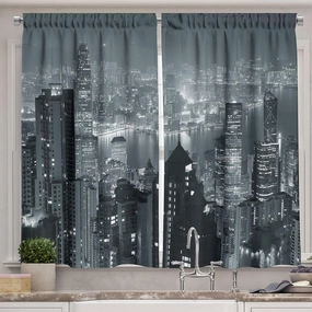 Ambesonne City Kitchen Curtains, Aerial Night of View Hong Kong Skyline Famous Modern Urban Town Metropolis Panorama Image, Window Drapes 2 Panel Set for Kitchen Cafe Decor, 55" x 39", Grey