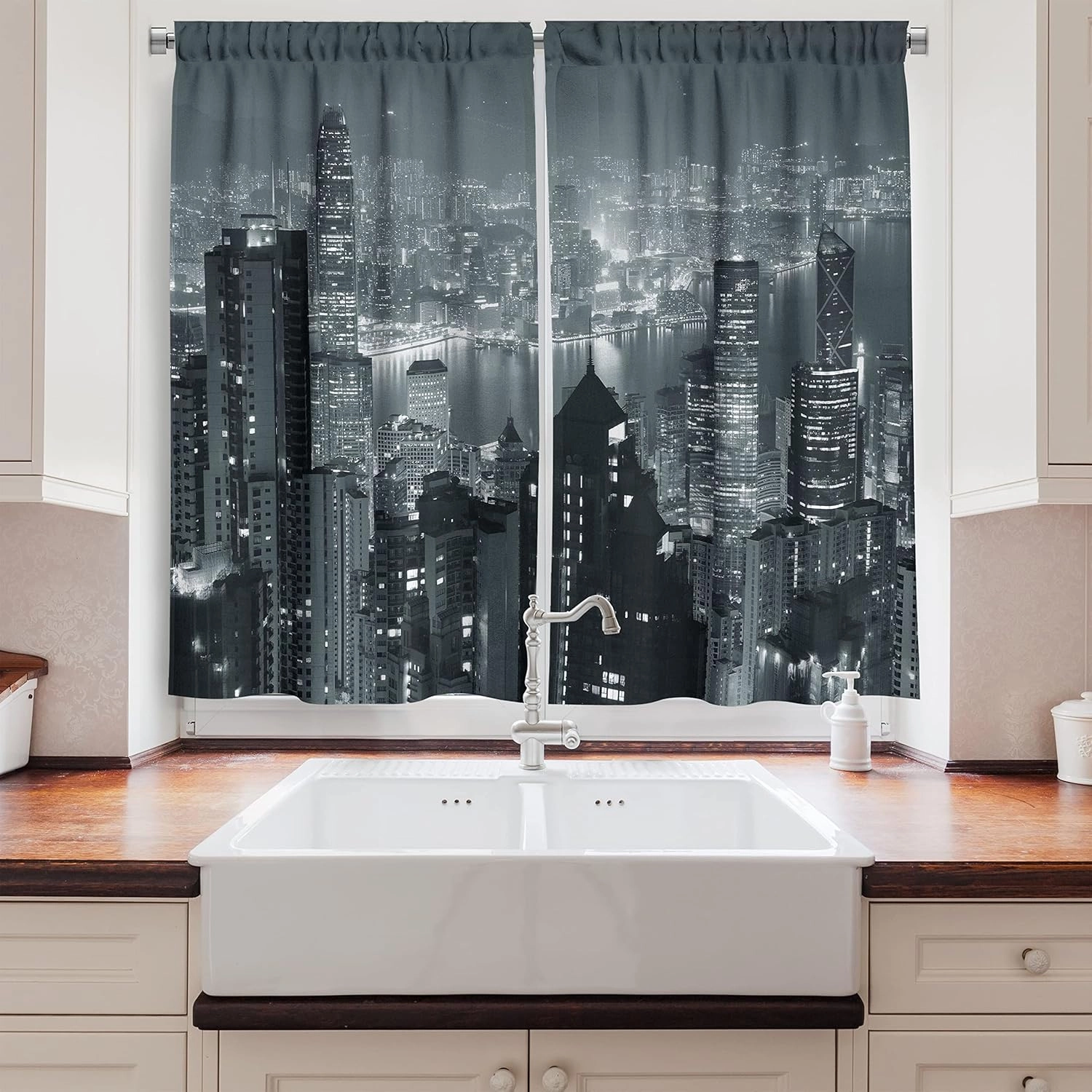 Ambesonne City Kitchen Curtains, Aerial Night of View Hong Kong Skyline Famous Modern Urban Town Metropolis Panorama Image, Window Drapes 2 Panel Set for Kitchen Cafe Decor, 55" x 39", Grey