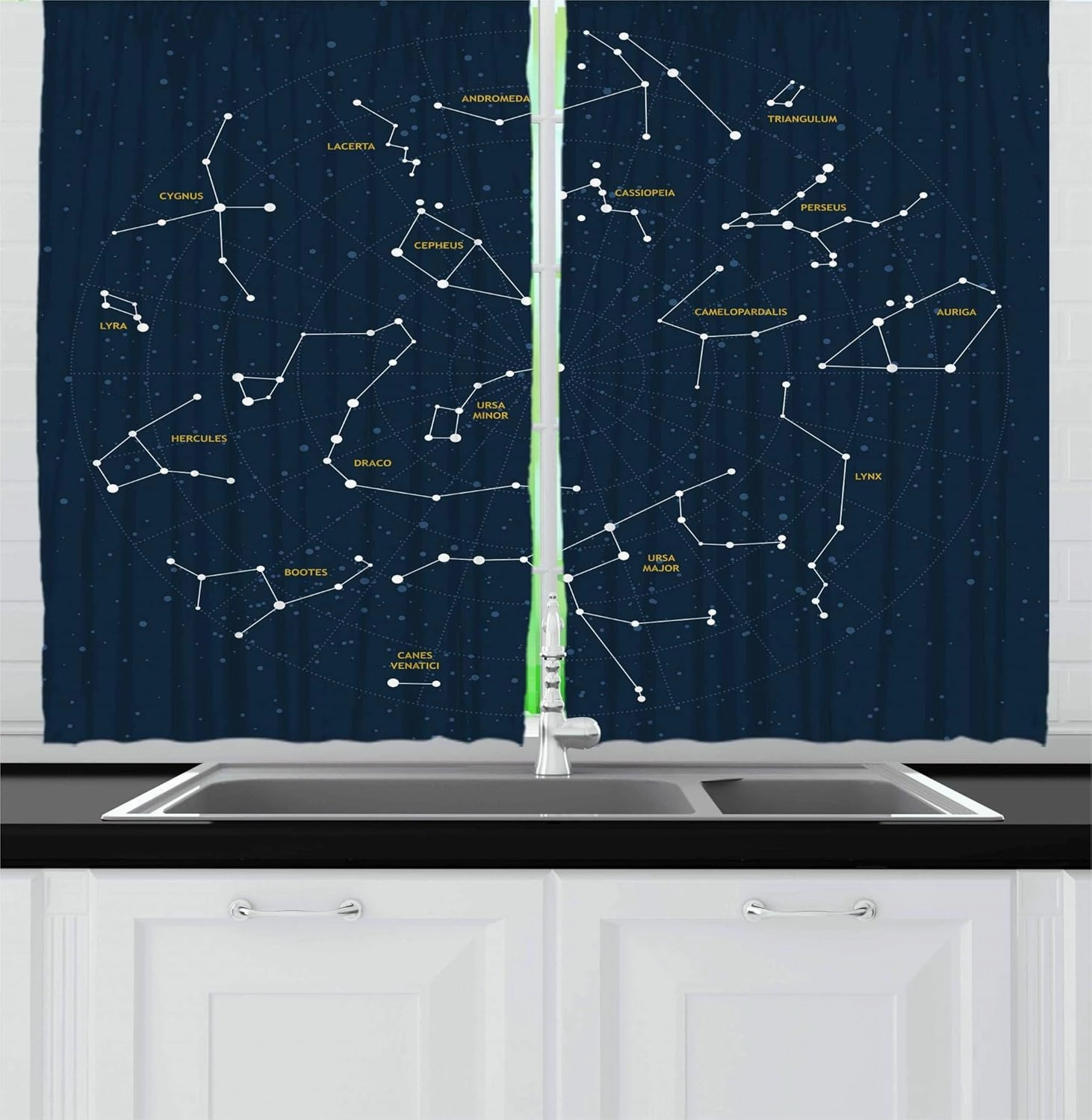 Ambesonne Constellation Kitchen Curtains, Sky Map Andromeda Lacerta Cygnus Lyra Hercules Draco Bootes Lynx, Window Drapes 2 Panel Set for Kitchen Cafe Decor, 55" x 39", Dark Blue Yellow White