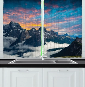 Ambesonne Mountain Kitchen Curtains, Alpine Scenery Foggy Italian Natural Park Vivid Sky Above Clouds Photography, Window Drapes 2 Panel Set for Kitchen Cafe Decor, 55" x 39", Black White Blue
