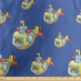 Ambesonne Submarine Fabric by The Yard, Adventure Underwater Vehicle Happy Colorful Cartoon, Decorative Satin Fabric for Home Textiles and Crafts, 2 Yards, Cobalt Blue Multicolor